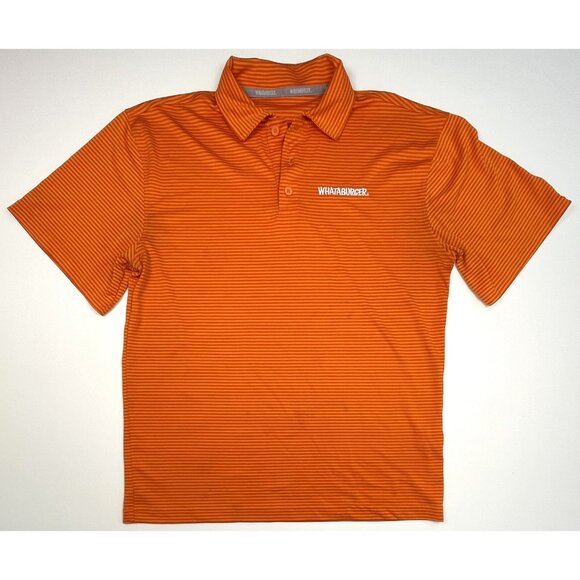 WHATABURGER Adult MEDIUM Orange Stripe S/S Polo SHIRT Uniform Employee Work READ - Picture 1 of 8